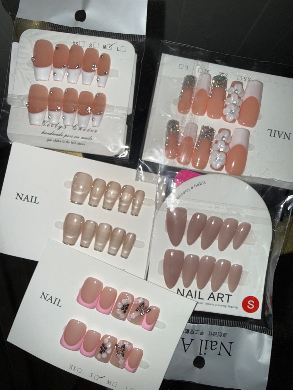 LOT-7 SETS Pink Tan French Press-On Nails Floral Rhinestone Accent Handmad